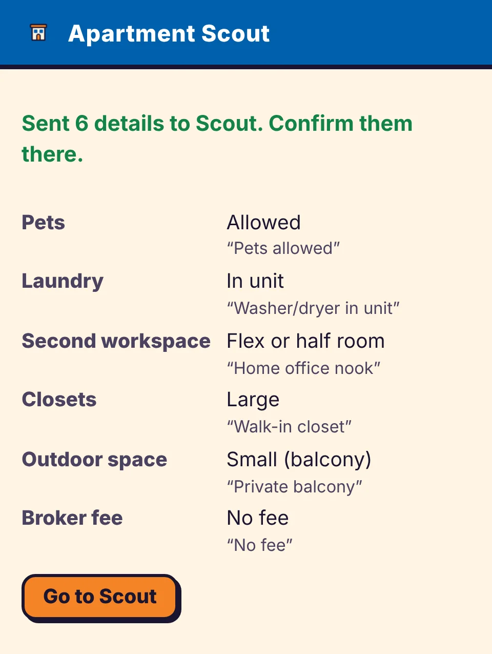 The Apartment Scout Chrome extension popup: “Sent 6 details to Scout. Confirm them there.” with pets allowed, in-unit laundry, a flex workspace, large closets, a small balcony and no broker fee, each with the listing's own wording quoted underneath.