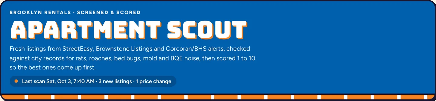 The Apartment Scout header: a Knicks-blue banner with the title in orange-shadowed block letters and an orange jersey-trim stripe along the bottom.