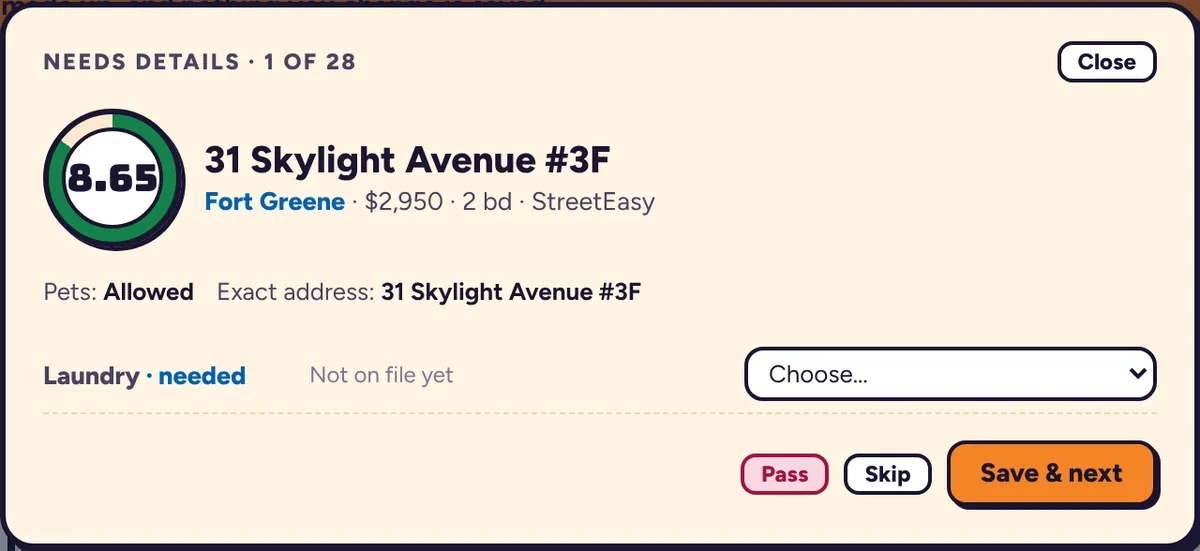 The step-through dialog: listing 1 of 28 that needs details, asking whether the apartment has laundry, with Pass, Skip, and Save & next buttons.